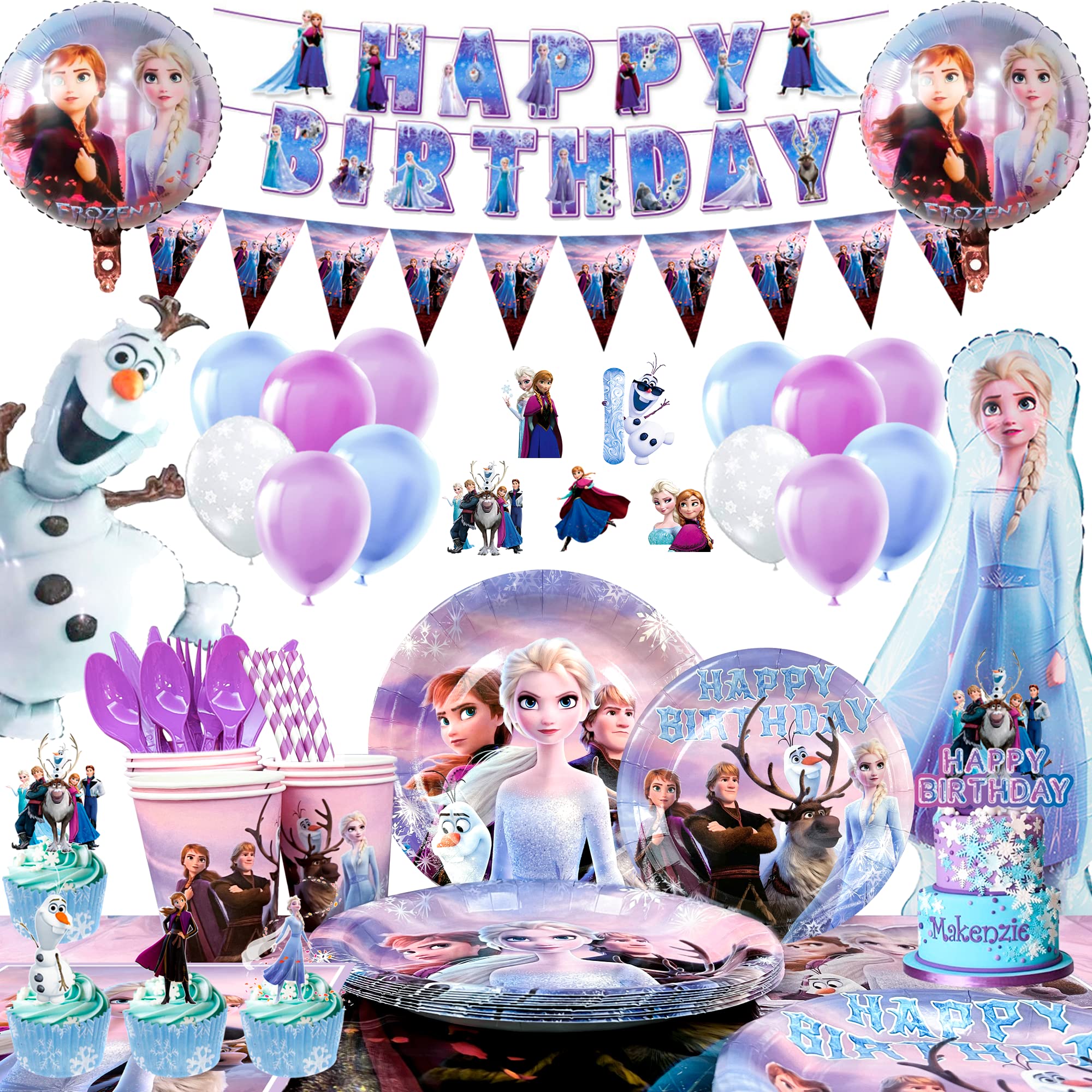 Frozen Birthday Party Decorations,184pcs Frozen Birthday Decorations&Tableware Set - Frozen Party Plates Cups Napkins Cake Toppers Tablecloth Balloons Banner etc Frozen Party Decorations for Girls