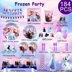 Frozen Birthday Party Decorations,184pcs Frozen Birthday Decorations&Tableware Set - Frozen Party Plates Cups Napkins Cake Toppers Tablecloth Balloons Banner etc Frozen Party Decorations for Girls