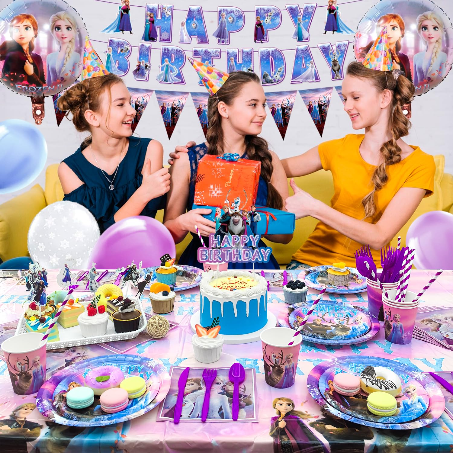 Frozen Birthday Party Decorations,184pcs Frozen Birthday Decorations&Tableware Set - Frozen Party Plates Cups Napkins Cake Toppers Tablecloth Balloons Banner etc Frozen Party Decorations for Girls