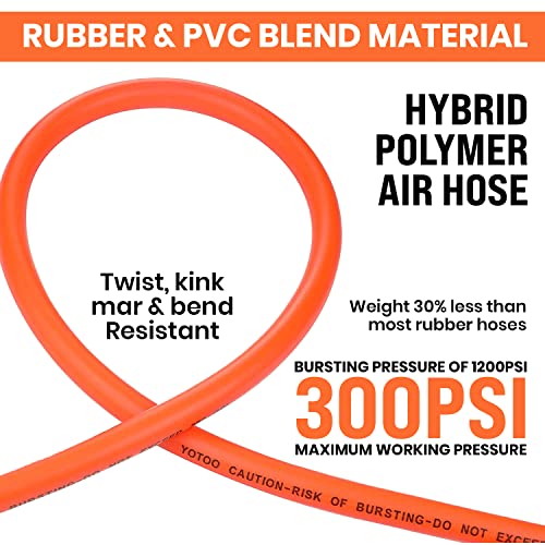 YOTOO Hybrid Air Hose 1/4-Inch by 50-Feet 300 PSI Heavy Duty, Lightweight, Kink Resistant, All-Weather Flexibility with 1/4-Inch Industrial Air Fittings and Bend Restrictors, Orange