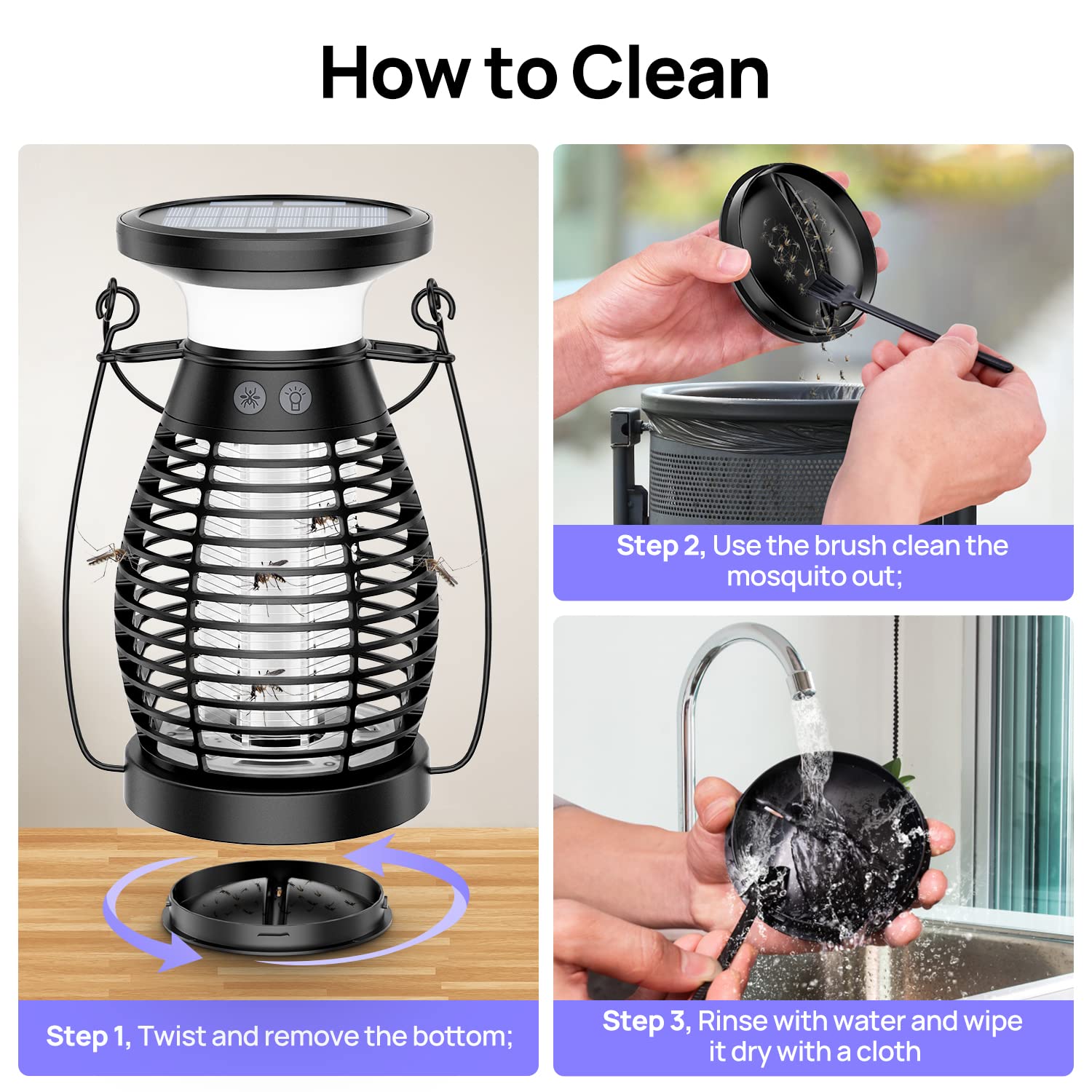 Solar Bug Zapper Outdoor Waterproof, Meilen Mosquito Zapper, Rechargeable Cordless Gnats Mosquitoes Flies Moths Killer for Camping Backyard Kitchen Home Garden (Solar Power)