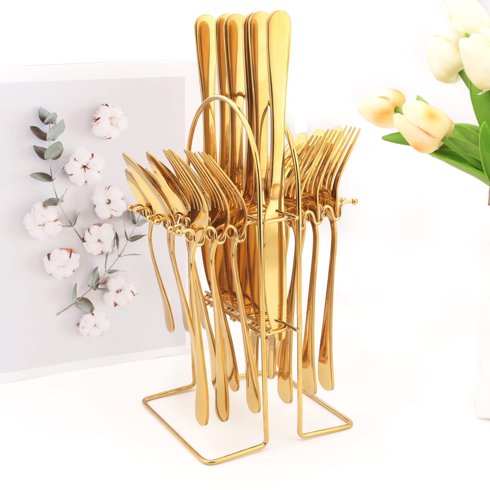 snplowum 1pcs Gold Cutlery Stand, Stainless Steel Silverware Holder Kitchen Hanging Tableware Storage Rack, Holds 24pcs, Lightweight and easy to move