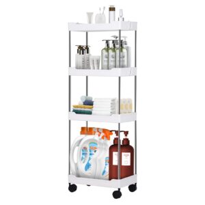 4-tier rolling storage cart, bathroom storage organizer shelf utility cart with wheels - ideal for bathroom, kitchen, and laundry room organization - space-saving design, white