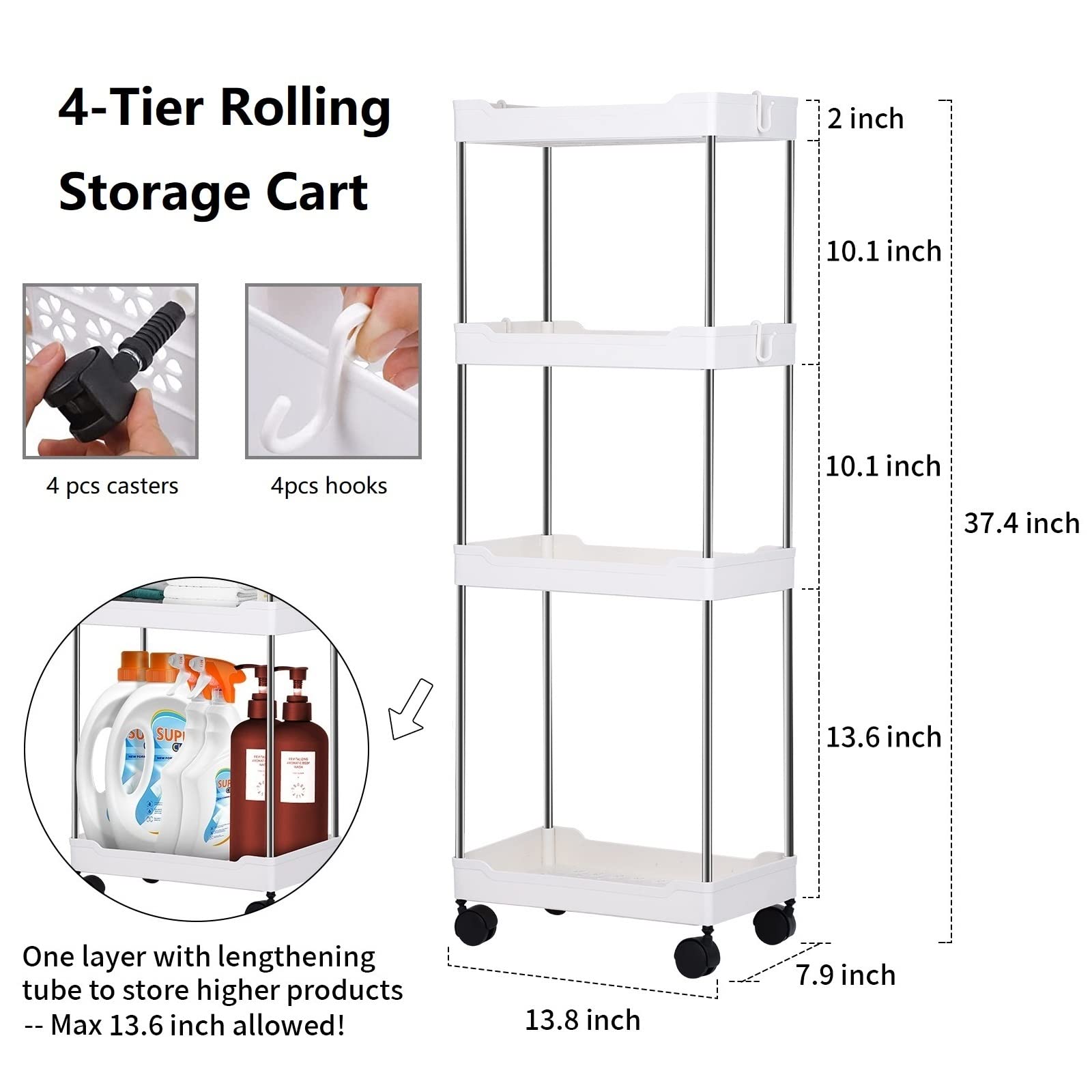 4-Tier Rolling Storage Cart, Bathroom Storage Organizer Shelf Utility Cart with Wheels - Ideal for Bathroom, Kitchen, and Laundry Room Organization - Space-Saving Design, White