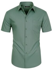 fahizo men's short sleeve dress shirt regular fit soild casual business stretch button down shirts with pocket, green-l