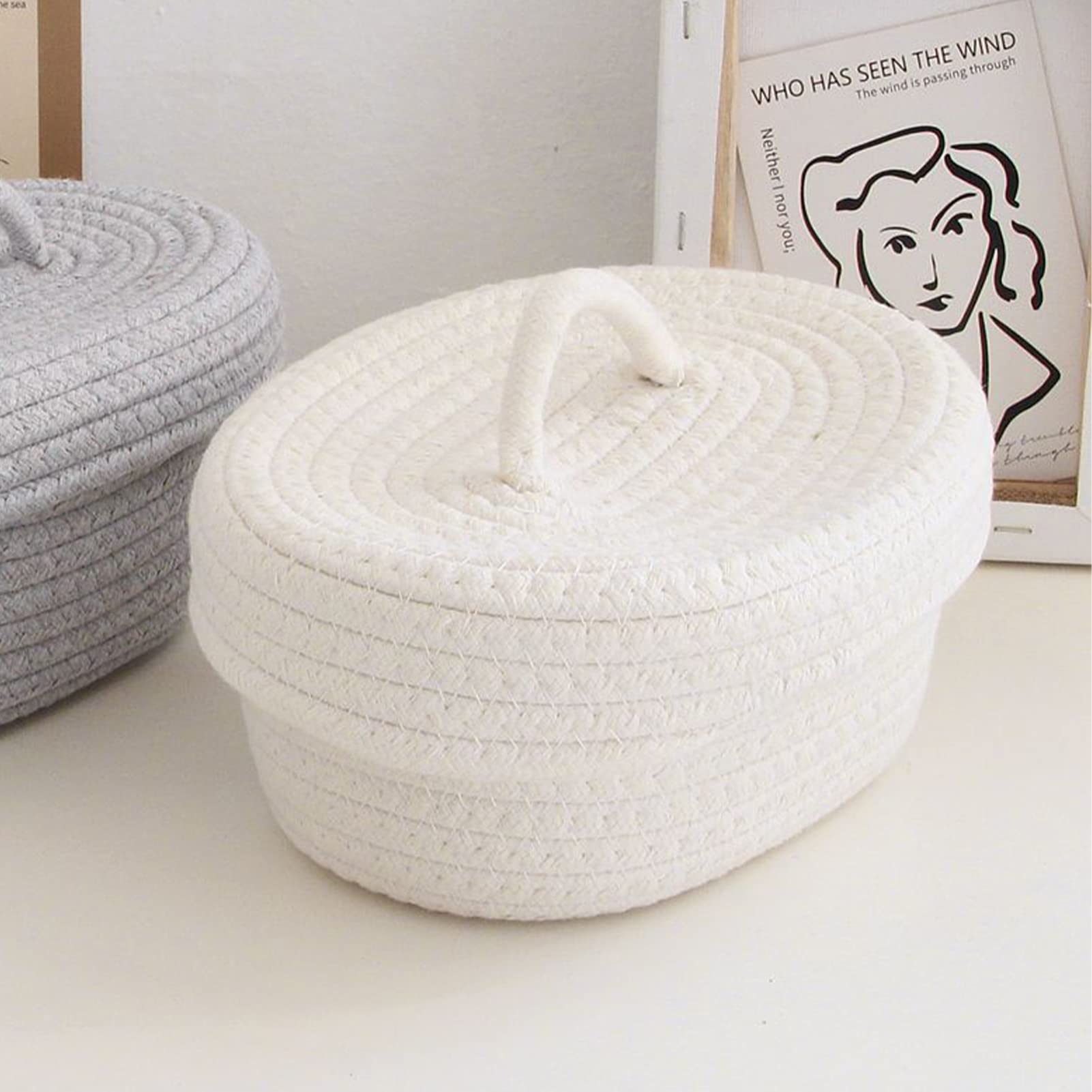 AUNMAS Oval Cotton Rope Storage Basket with Lid, Lidded Woven Nursery Storage Container Multifunctional Desktop Storage Box for Makeup Sundries Snack Needles (Milky White)