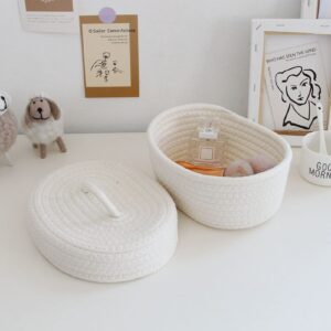 AUNMAS Oval Cotton Rope Storage Basket with Lid, Lidded Woven Nursery Storage Container Multifunctional Desktop Storage Box for Makeup Sundries Snack Needles (Milky White)