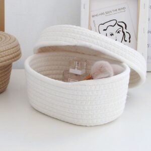 AUNMAS Oval Cotton Rope Storage Basket with Lid, Lidded Woven Nursery Storage Container Multifunctional Desktop Storage Box for Makeup Sundries Snack Needles (Milky White)