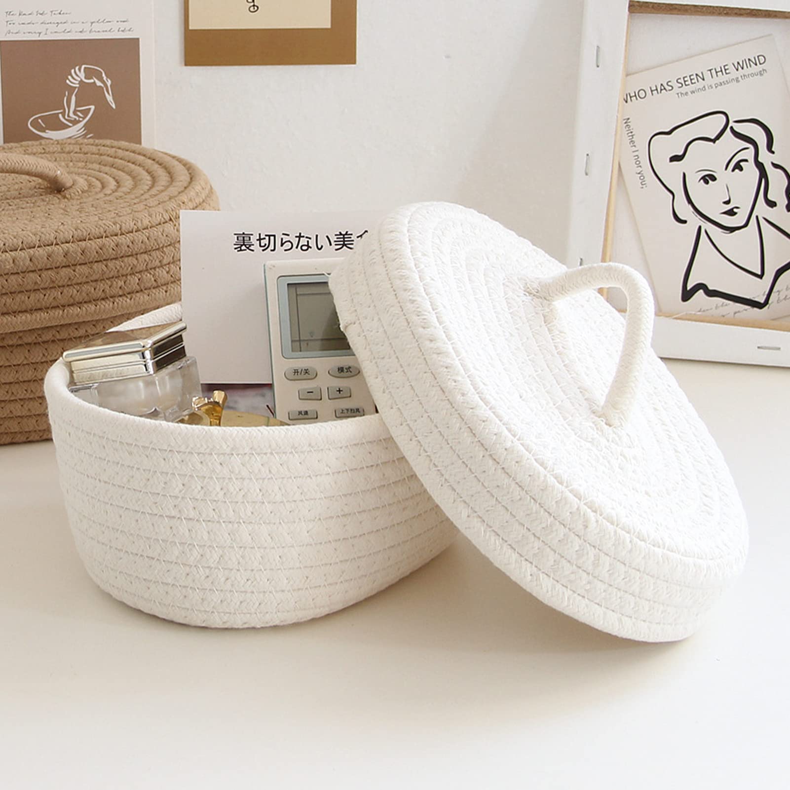 AUNMAS Oval Cotton Rope Storage Basket with Lid, Lidded Woven Nursery Storage Container Multifunctional Desktop Storage Box for Makeup Sundries Snack Needles (Milky White)