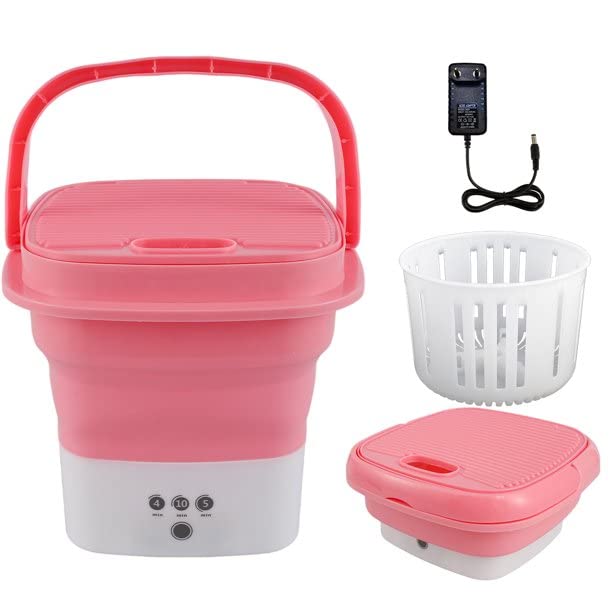 Washing Machine Portable, Mini Foldable Washer and Spin Dryer Small Foldable Bucket Washer for Camping, RV, Travel, Small Spaces, Lightweight and Easy to Carry (Plastic Pink)