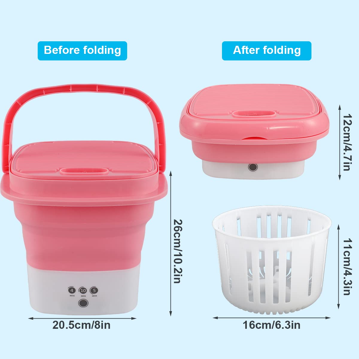 Washing Machine Portable, Mini Foldable Washer and Spin Dryer Small Foldable Bucket Washer for Camping, RV, Travel, Small Spaces, Lightweight and Easy to Carry (Plastic Pink)