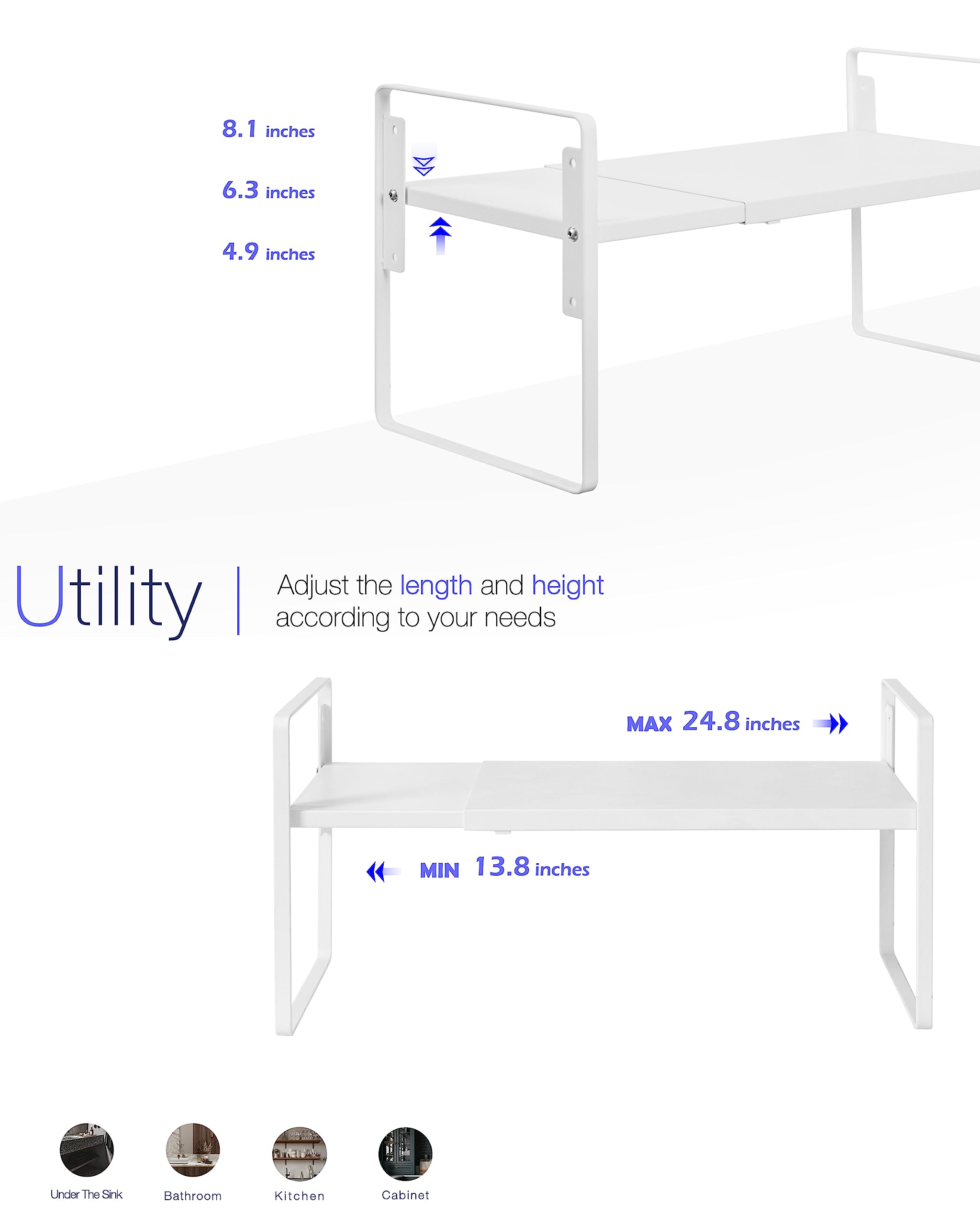 Nxconsu Cabinet Shelf Expandable Height Adjustable Organizer Riser for Kitchen Cabinet Pantry Cupboard Under Sink Countertop Organization Storage Space Saver Stackable Heavy Duty Metal White