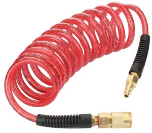 yotoo reinforced polyurethane recoil air hose 1/4" inner diameter by 10' long, heavy duty, flexible air compressor hose with bend restrictor, 1/4" swivel industrial quick coupler and plug, red