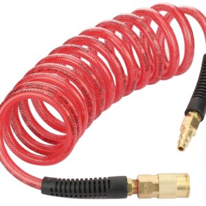 YOTOO Reinforced Polyurethane Recoil Air Hose 1/4" Inner Diameter by 10' Long, Heavy Duty, Flexible Air Compressor Hose with Bend Restrictor, 1/4" Swivel Industrial Quick Coupler and Plug, Red