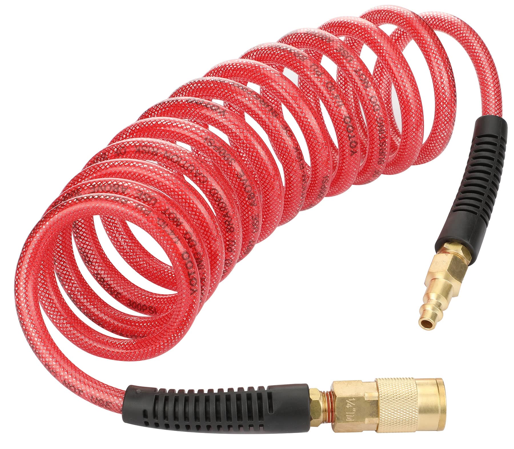 YOTOO Reinforced Polyurethane Recoil Air Hose 1/4" Inner Diameter by 10' Long, Heavy Duty, Flexible Air Compressor Hose with Bend Restrictor, 1/4" Swivel Industrial Quick Coupler and Plug, Red