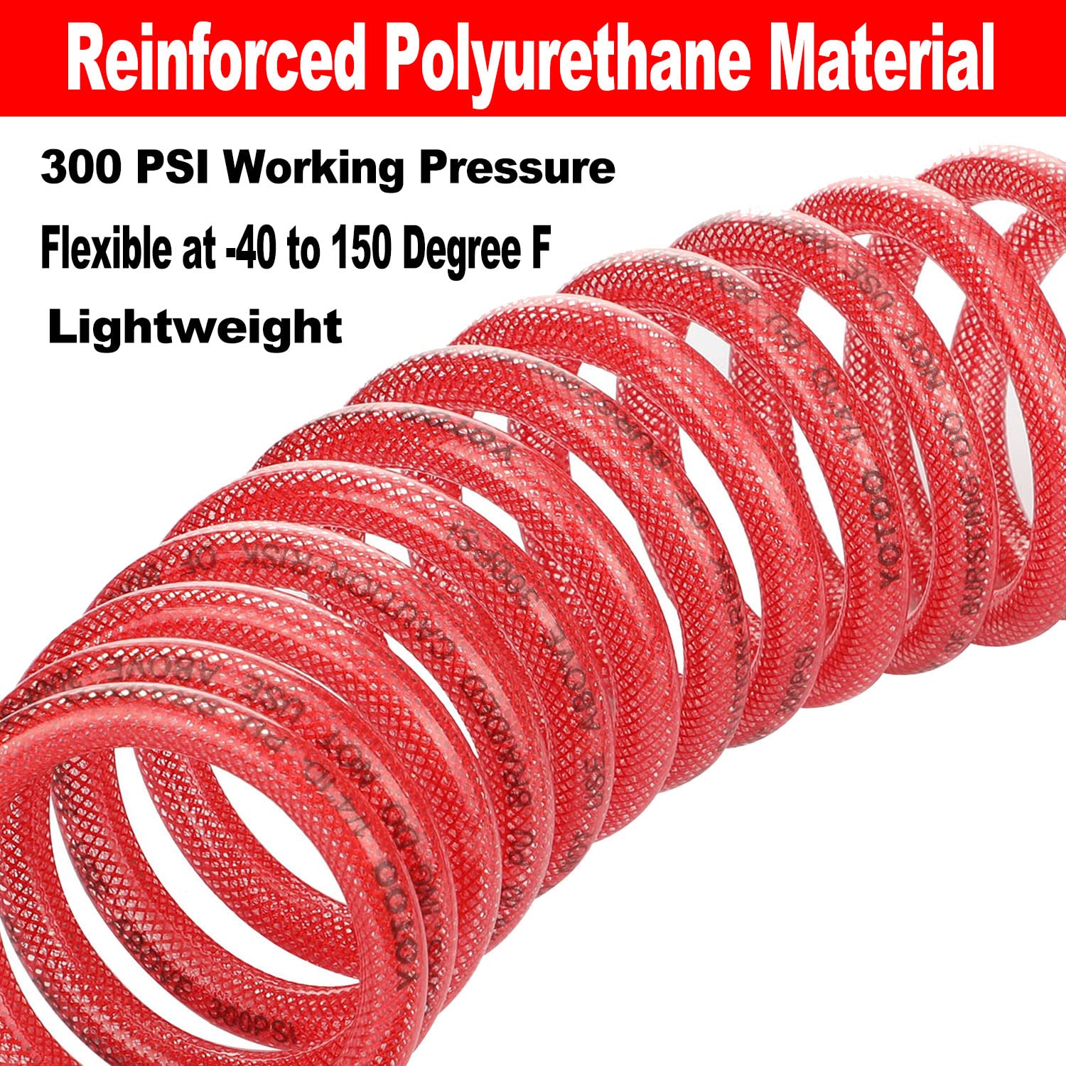 YOTOO Reinforced Polyurethane Recoil Air Hose 1/4" Inner Diameter by 10' Long, Heavy Duty, Flexible Air Compressor Hose with Bend Restrictor, 1/4" Swivel Industrial Quick Coupler and Plug, Red