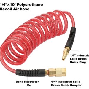 YOTOO Reinforced Polyurethane Recoil Air Hose 1/4" Inner Diameter by 10' Long, Heavy Duty, Flexible Air Compressor Hose with Bend Restrictor, 1/4" Swivel Industrial Quick Coupler and Plug, Red