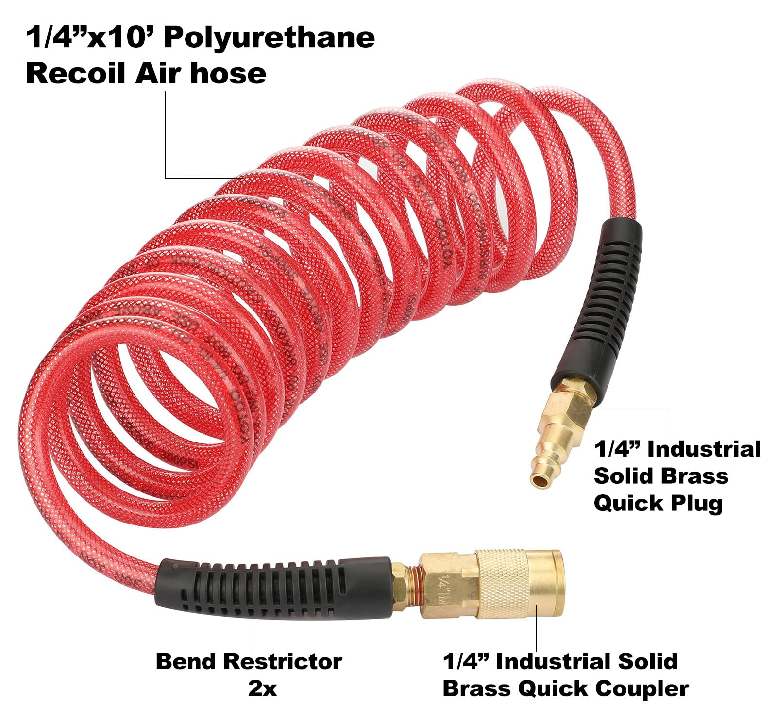 YOTOO Reinforced Polyurethane Recoil Air Hose 1/4" Inner Diameter by 10' Long, Heavy Duty, Flexible Air Compressor Hose with Bend Restrictor, 1/4" Swivel Industrial Quick Coupler and Plug, Red