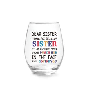 jogskeor thanks for being my sister stemless wine glass 15oz, sister gift friend gifts for birthday, valentines, christmas