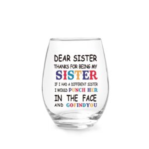 Jogskeor Thanks for Being My Sister Stemless Wine Glass 15oz, Sister Gift Friend Gifts for Birthday, Valentines, Christmas