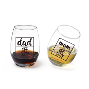 jogskeor mom off duty dad off duty stemless wine glass set, new parents gifts, first time parents gifts for couples, mommy daddy, new dad mom, best gift for expecting mother and father, 15oz