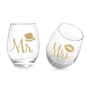 jogskeor mr and mrs wine glasses, stemless wine glasses 15oz, wedding anniversary valentine's day engagement birthday christmas gift for bride and groom, couples, mr mrs