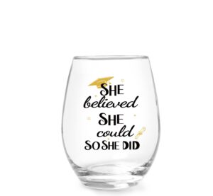 jogskeor she believed she could so she did wine glass 15oz, congratulation gift stemless wine glass, inspirational gifts for her friend sister college graduates, high school graduates