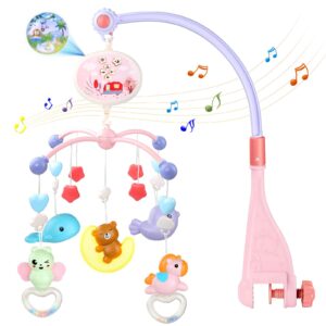 baby mobile for crib toys with lights & sooth music, light moon bear and ceiling projector, musical timer, crib toys for babies age 0m+ (pink)