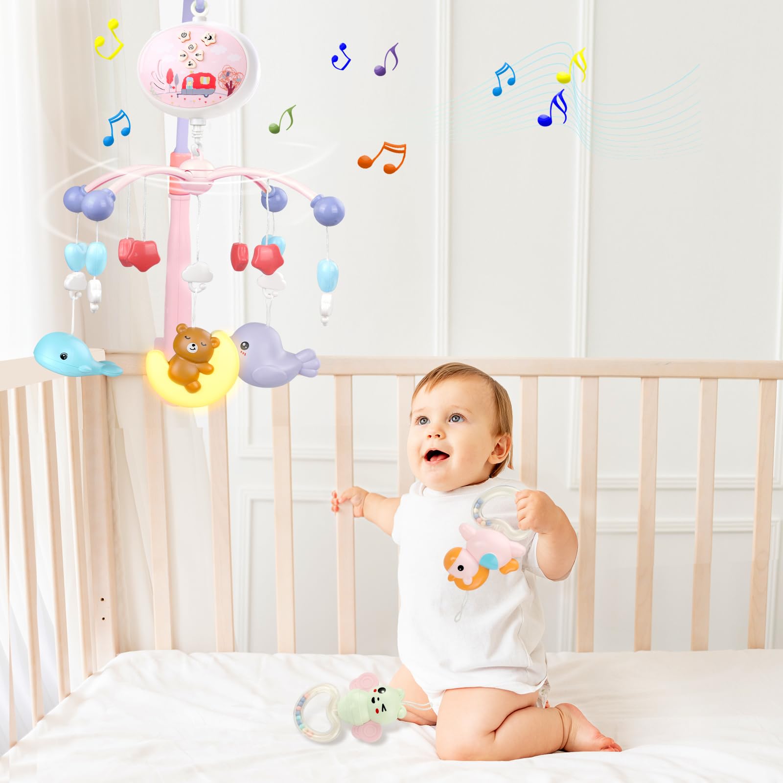 Baby Mobile for Crib Toys with Lights & Sooth Music, Light Moon Bear and Ceiling Projector, Musical Timer, Crib Toys for Babies Age 0M+ (Pink)