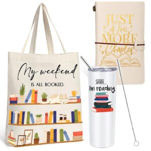 fuutreo set of 3 book lovers gifts for library lovers' day include 20 oz stainless steel tumbler with lid i'm reading library canvas tote bag leather journal for student teacher reader gift