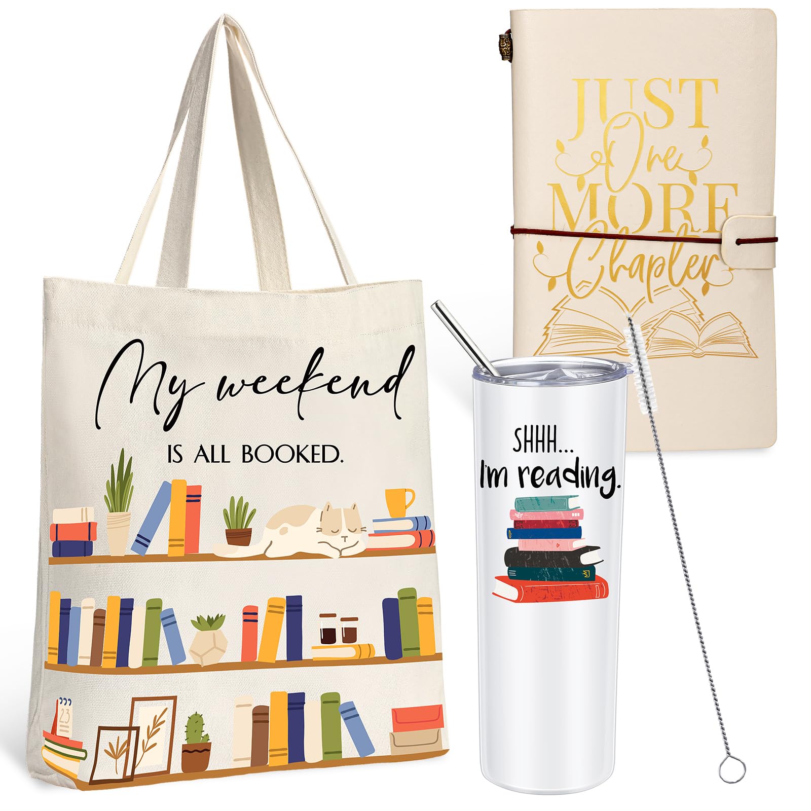 Fuutreo Set of 3 Book Lovers Gifts for Library Lovers' Day Include 20 oz Stainless Steel Tumbler with Lid I'm Reading Library Canvas Tote Bag Leather Journal for Student Teacher Reader Gift