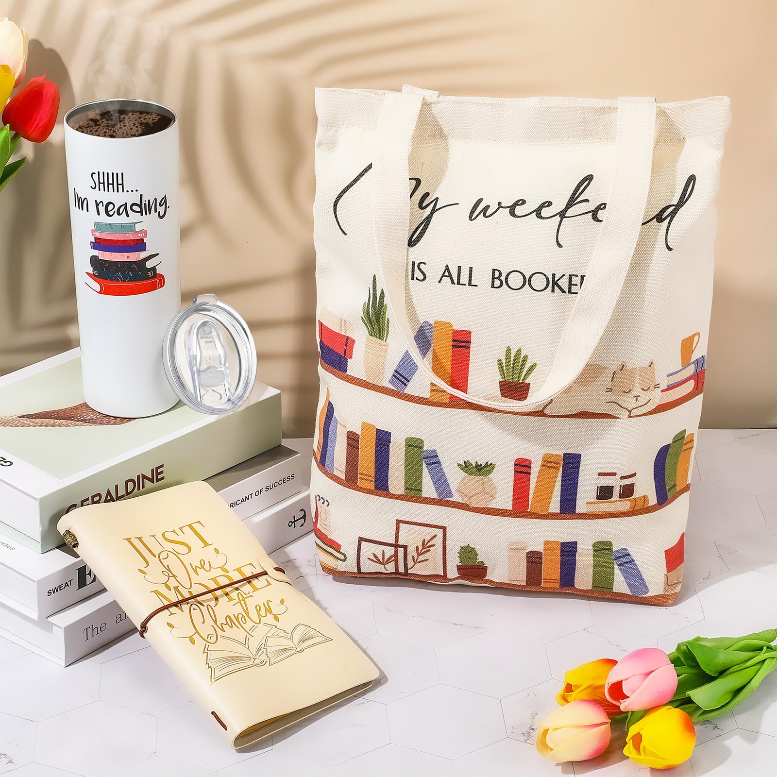 Fuutreo Set of 3 Book Lovers Gifts for Library Lovers' Day Include 20 oz Stainless Steel Tumbler with Lid I'm Reading Library Canvas Tote Bag Leather Journal for Student Teacher Reader Gift