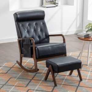 neylory rocking chairs nursery with ottoman, mid-century style upholstered glider rocker with high backrest for living room bedroom office, side pocket, pu leathaire (retro black)
