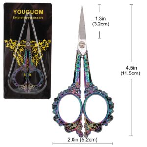 YOUGUOM Embroidery Scissors, Stainless Steel Sharp Sewing Scissor for Cross Stitch, Needlework, Threading Cutting Handcraft Craft Art Work DIY Tool - 4.5in Rainbow Vintage European Style