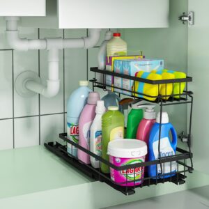 realinn under sink organizers and storage, silent glide pull out cabinet organizer, 2 tier sliding organizer for kitchen bathroom laundry
