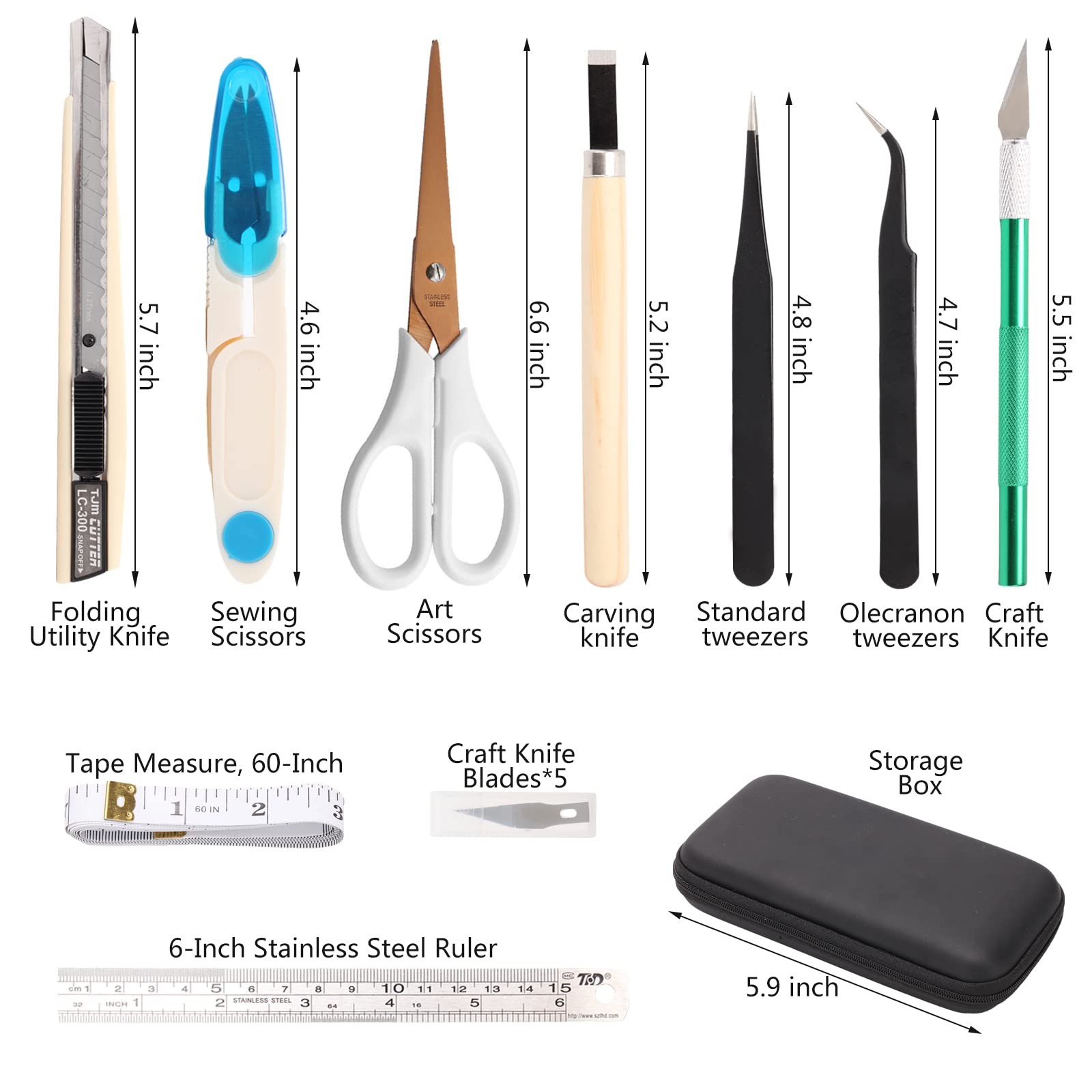 MILUSONG 9-in-1 Basic Portable Tools Kit Includes Scissors, Utility Knife, Craft Knife, Ruler, Tape Measure, Sewing Scissors, Tweezers toos Set for Home and Office