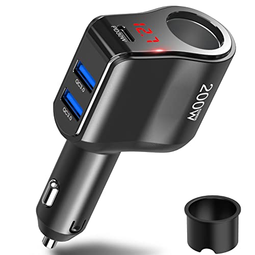 200W PD USB C Car Charger Adapter: 12V Cigarette Lighter Socket Splitter 12 Volt DC Plug Multi Way Auto Power Outlet with LED Voltmeter Switch Dual Type C Port for iPhone Samsung Phone GPS Dash Cam