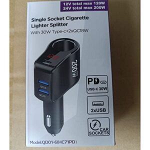 200W PD USB C Car Charger Adapter: 12V Cigarette Lighter Socket Splitter 12 Volt DC Plug Multi Way Auto Power Outlet with LED Voltmeter Switch Dual Type C Port for iPhone Samsung Phone GPS Dash Cam