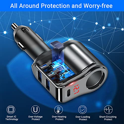 200W PD USB C Car Charger Adapter: 12V Cigarette Lighter Socket Splitter 12 Volt DC Plug Multi Way Auto Power Outlet with LED Voltmeter Switch Dual Type C Port for iPhone Samsung Phone GPS Dash Cam