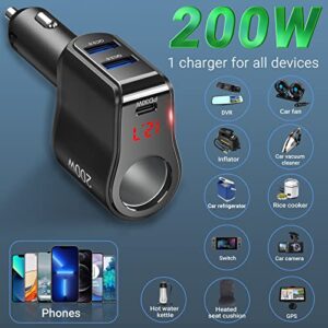 200W PD USB C Car Charger Adapter: 12V Cigarette Lighter Socket Splitter 12 Volt DC Plug Multi Way Auto Power Outlet with LED Voltmeter Switch Dual Type C Port for iPhone Samsung Phone GPS Dash Cam