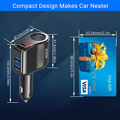 200W PD USB C Car Charger Adapter: 12V Cigarette Lighter Socket Splitter 12 Volt DC Plug Multi Way Auto Power Outlet with LED Voltmeter Switch Dual Type C Port for iPhone Samsung Phone GPS Dash Cam