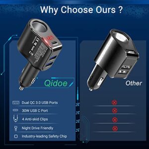 200W PD USB C Car Charger Adapter: 12V Cigarette Lighter Socket Splitter 12 Volt DC Plug Multi Way Auto Power Outlet with LED Voltmeter Switch Dual Type C Port for iPhone Samsung Phone GPS Dash Cam