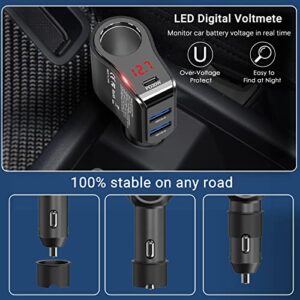 200W PD USB C Car Charger Adapter: 12V Cigarette Lighter Socket Splitter 12 Volt DC Plug Multi Way Auto Power Outlet with LED Voltmeter Switch Dual Type C Port for iPhone Samsung Phone GPS Dash Cam