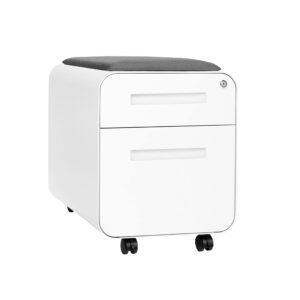 laura davidson furniture stockpile mini seated 2 drawer mobile file cabinet with removable magnetic cushion seat - short version, metal filing cabinet, pre-assembled, white with grey cushion