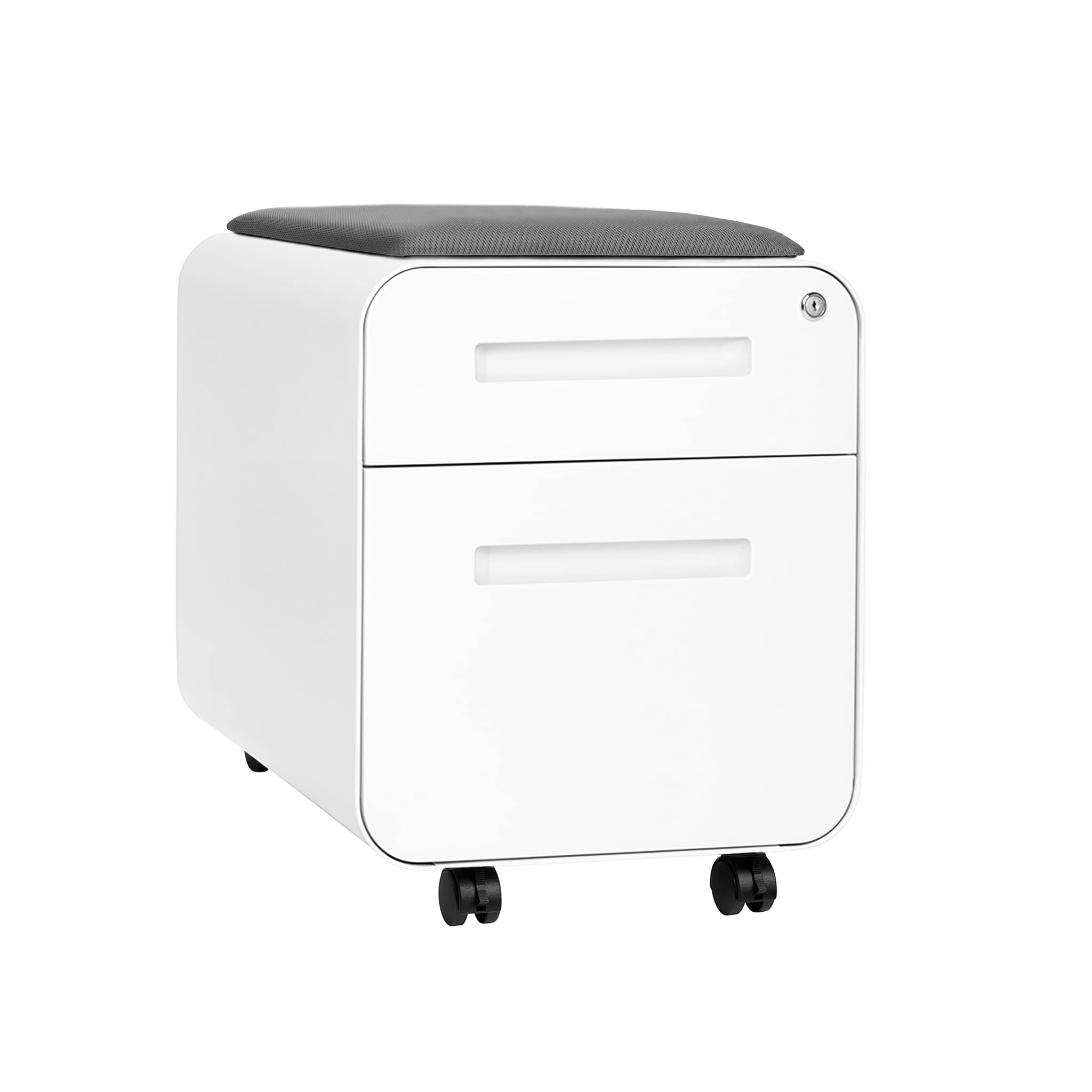 Laura Davidson Furniture STOCKPILE Mini Seated 2 Drawer Mobile File Cabinet with Removable Magnetic Cushion Seat - Short Version, Metal Filing Cabinet, Pre-Assembled, White with Grey Cushion