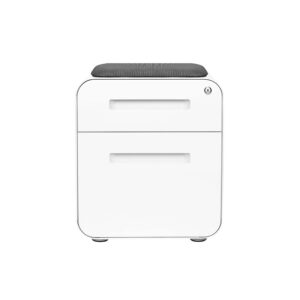 Laura Davidson Furniture STOCKPILE Mini Seated 2 Drawer Mobile File Cabinet with Removable Magnetic Cushion Seat - Short Version, Metal Filing Cabinet, Pre-Assembled, White with Grey Cushion