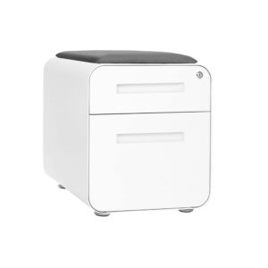 Laura Davidson Furniture STOCKPILE Mini Seated 2 Drawer Mobile File Cabinet with Removable Magnetic Cushion Seat - Short Version, Metal Filing Cabinet, Pre-Assembled, White with Grey Cushion