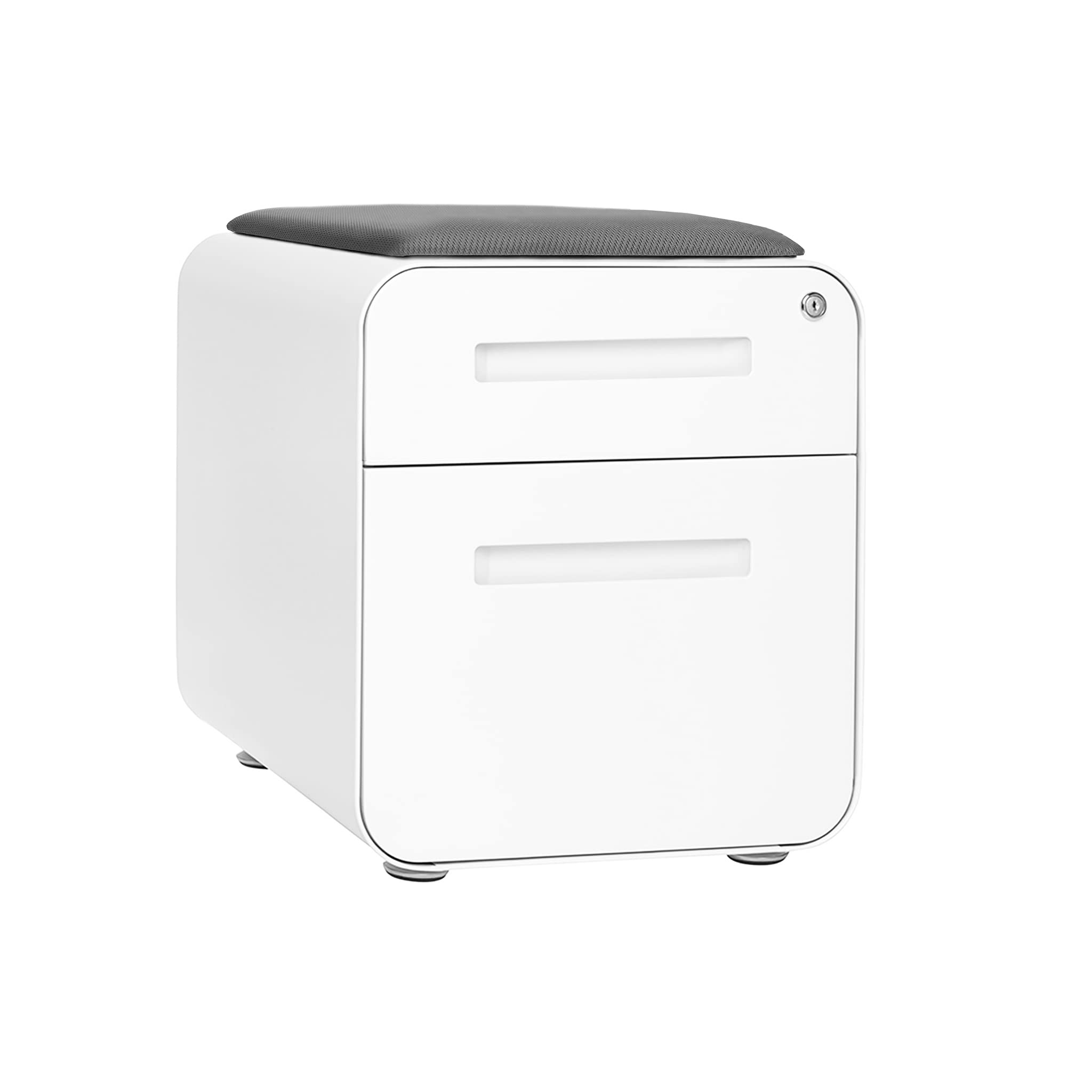 Laura Davidson Furniture STOCKPILE Mini Seated 2 Drawer Mobile File Cabinet with Removable Magnetic Cushion Seat - Short Version, Metal Filing Cabinet, Pre-Assembled, White with Grey Cushion