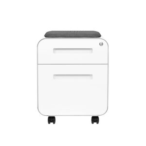 Laura Davidson Furniture STOCKPILE Mini Seated 2 Drawer Mobile File Cabinet with Removable Magnetic Cushion Seat - Short Version, Metal Filing Cabinet, Pre-Assembled, White with Grey Cushion