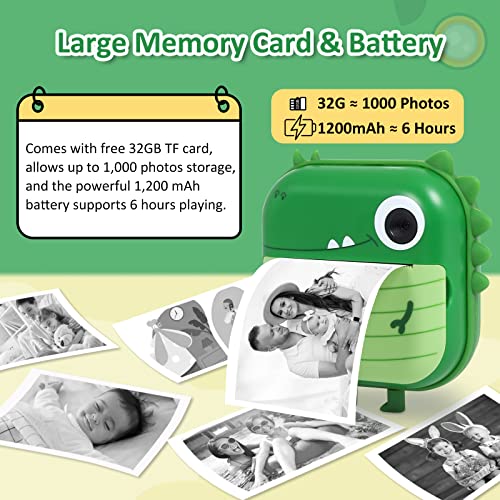 AURTEC Instant Camera for Kids, Mini Thermal Printing Camera, No Ink Required, 48MP Dual Camera,1080P HD Video, 32G TF Card, 3 Print Paper, 2.4 Inch Color Screen, Cute Animal Cartoon Design, Dinosaur